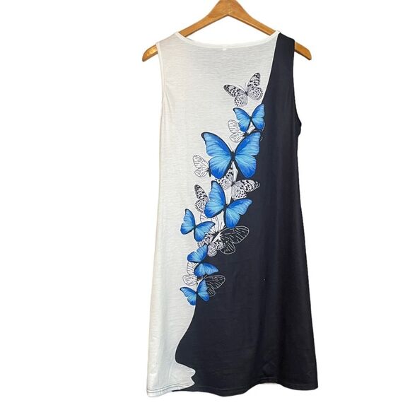 Sleeveless Black White Blue Butterfly Dress Rayon Blend, size Medium - Picture 7 of 13